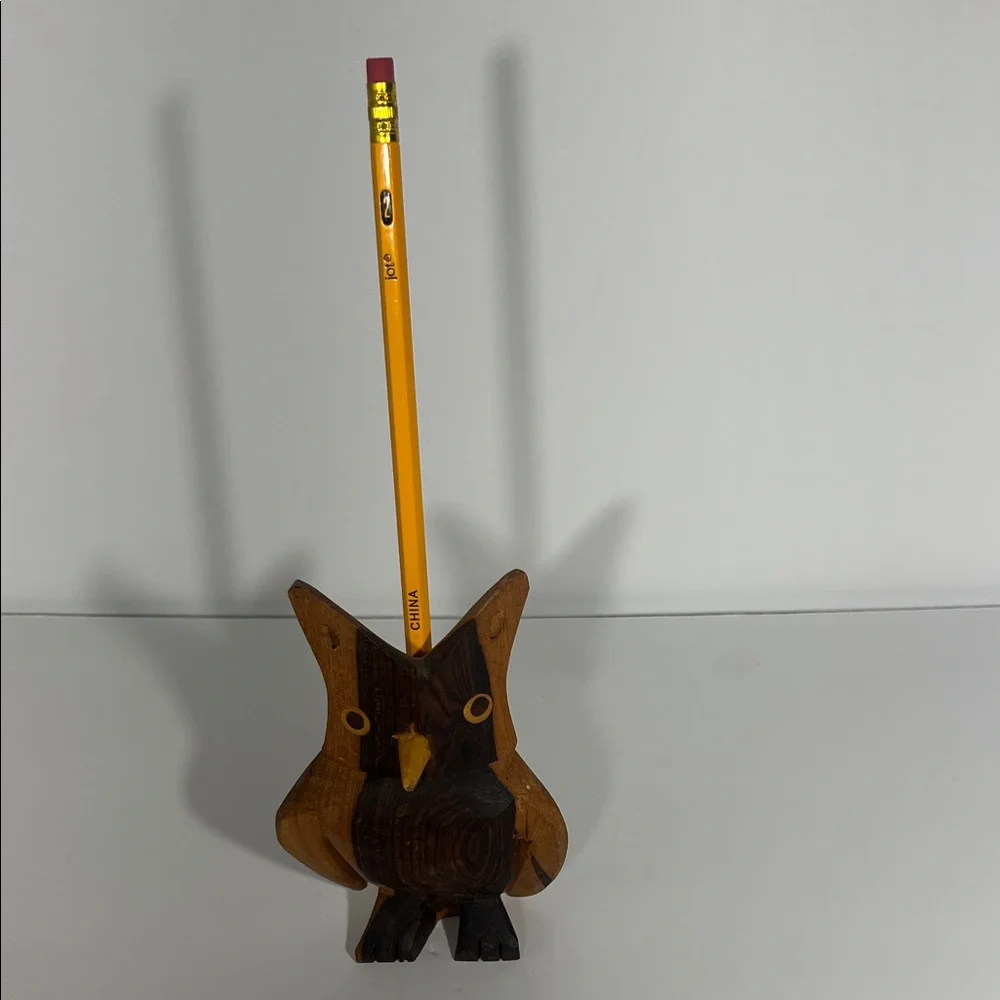 Vintage Hand Carved Wood Owl Figure Pencil Holder Desk Accessory Totem